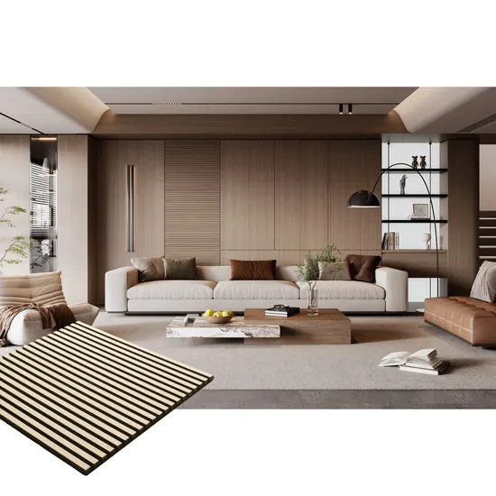 Звукоизоляционный материал для внутренней отделки из ткани и деревянных полос. Звукоизоляционные стеновые панели.